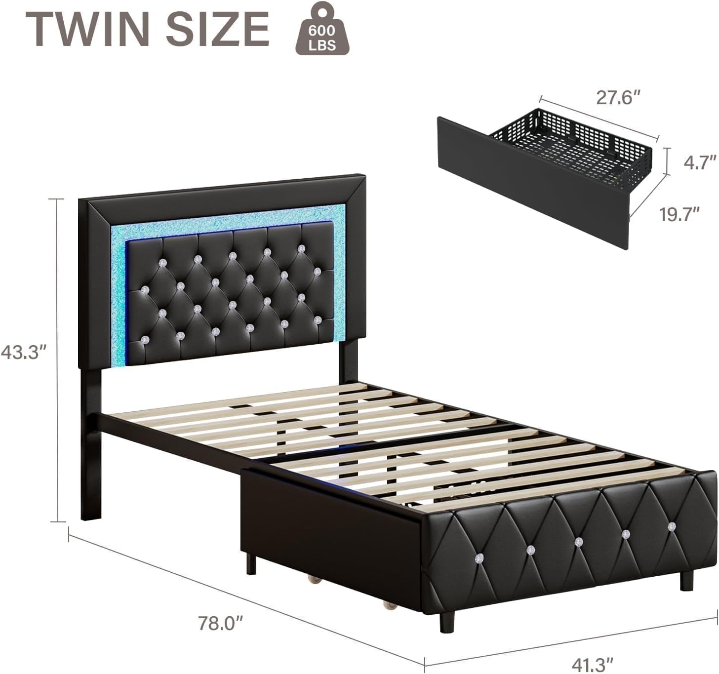 BarnFurin Twin Bed Frames with LED Lights and Storage Drawers, Upholstered Bed Frame with Diamond Headboard, Faux Leather Modern Platform Bed, Wooden Slats Support, No Box Spring Needed, Black