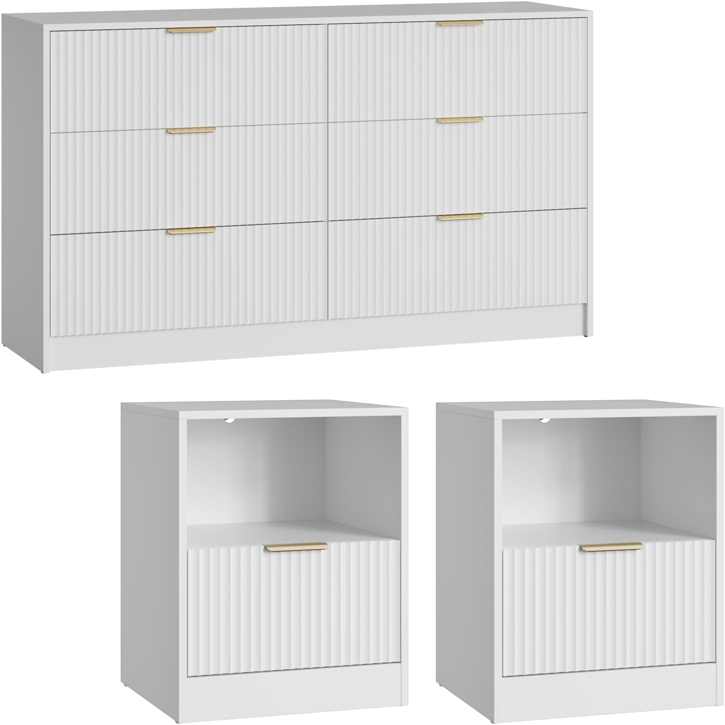 6 Drawer Dresser & Nightstand Set 3-Piece, 55' Wide Bedroom Set Night Stand Set of 2 with Metal Handle, Fluted Modern Wood Chest of Drawers Storage Dressers Set for Bedroom, White
