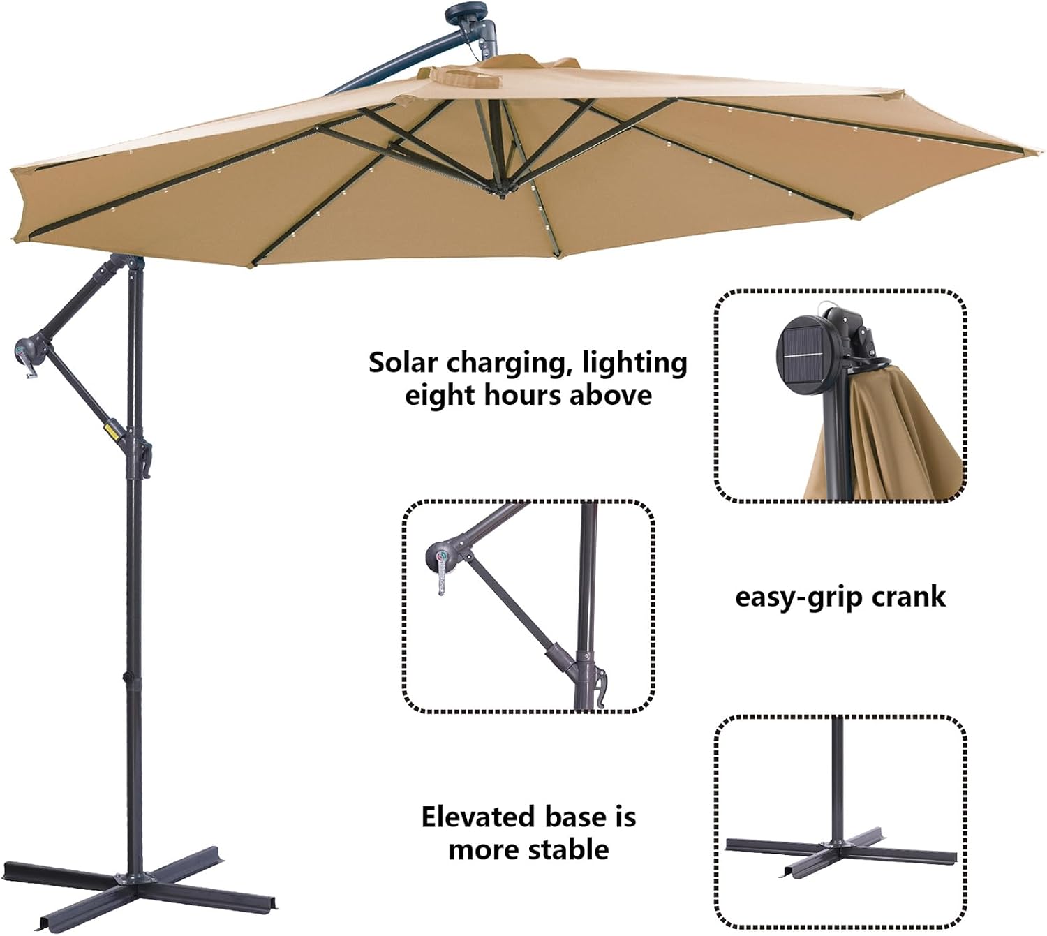 10FT Solar Powered Patio Umbrella, Market Table Umbrella with 24 LED Lights & 8 Sturdy Ribs, Cantilever Patio Umbrella with base, Offset Umbrella for Garden Lawn Deck Backyard Pool