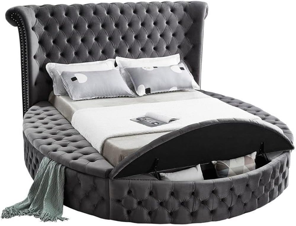 Meridian Furniture Luxus Collection Modern Contemporary Round Shaped Velvet Upholstered Bed with Deep Button Tufting and Footboard Storage, King, Grey