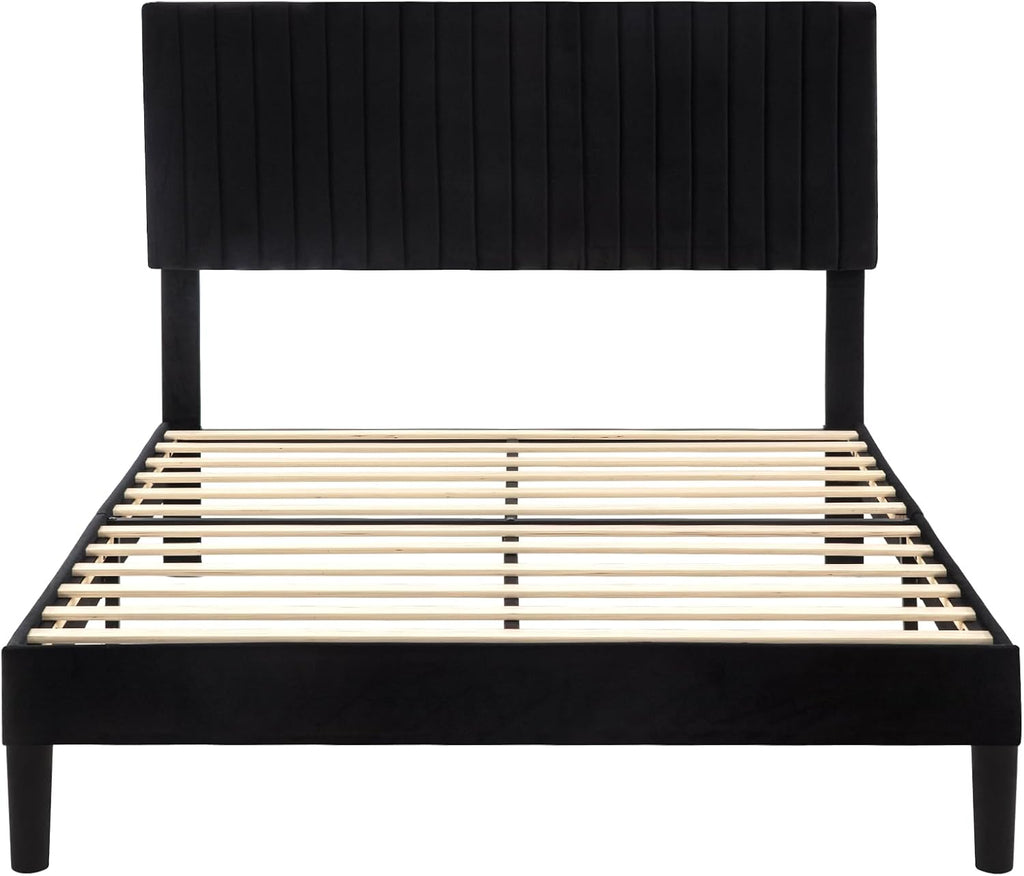 Allewie Queen Bed Frame, Velvet Upholstered Platform Bed with Vertical Channel Tufted Headboard, Mattress Foundation with Strong Wooden Slats, Box Spring Optional, Easy Assembly, Black
