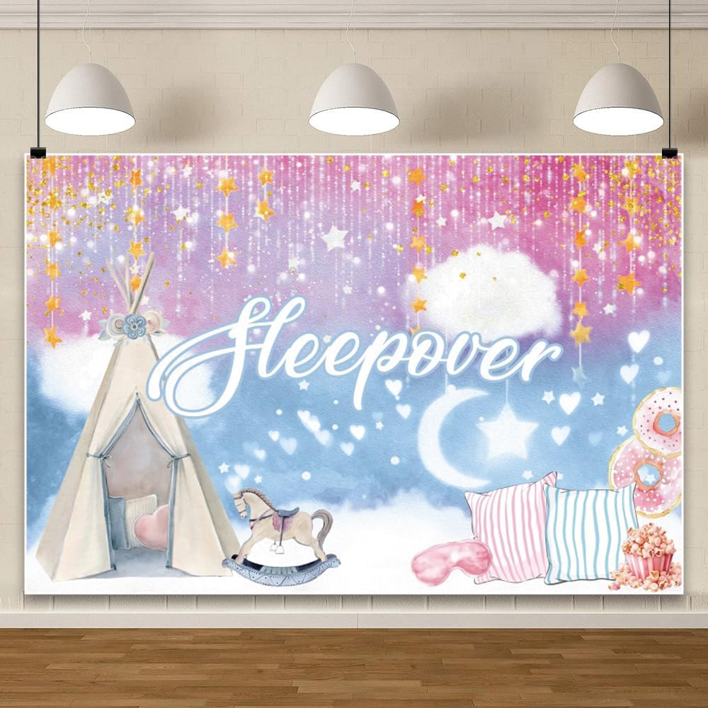 20x10ft Sleepover Party Backdrop for Girls Movie Night Slumber Party Birthday Party Decorations Colorful Pajama Girls Pillow Fight Theme Background Spa Makeup Night Banner Cake Table Supplies