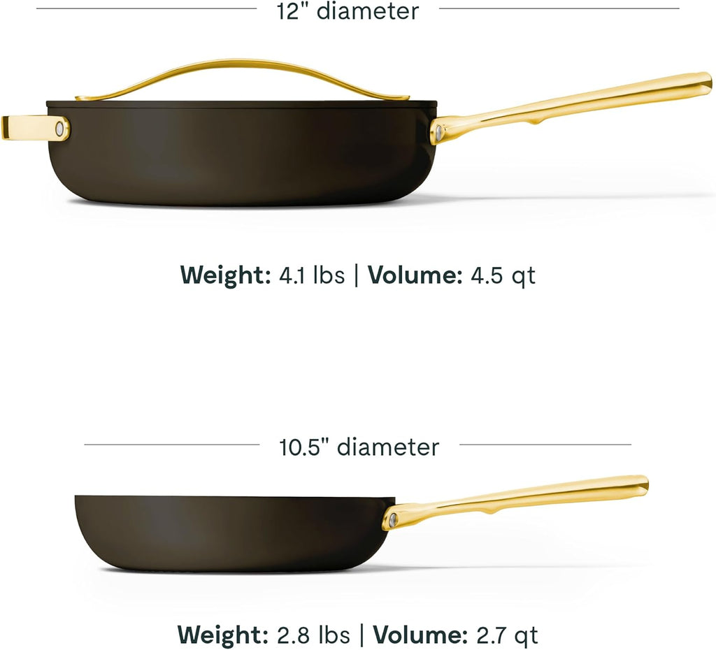 Caraway Fry Pan and Sauté Pan Duo - 10.5' Ceramic Frying Pan and 11.8' Deep Sauté Pan with Lid - Non Stick, Non Toxic, Oven Safe - Black