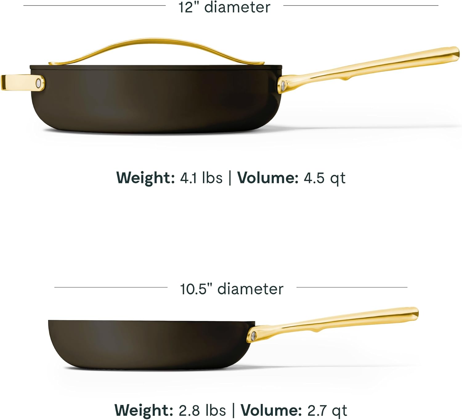 Caraway Fry Pan and Sauté Pan Duo - 10.5' Ceramic Frying Pan and 11.8' Deep Sauté Pan with Lid - Non Stick, Non Toxic, Oven Safe - Black