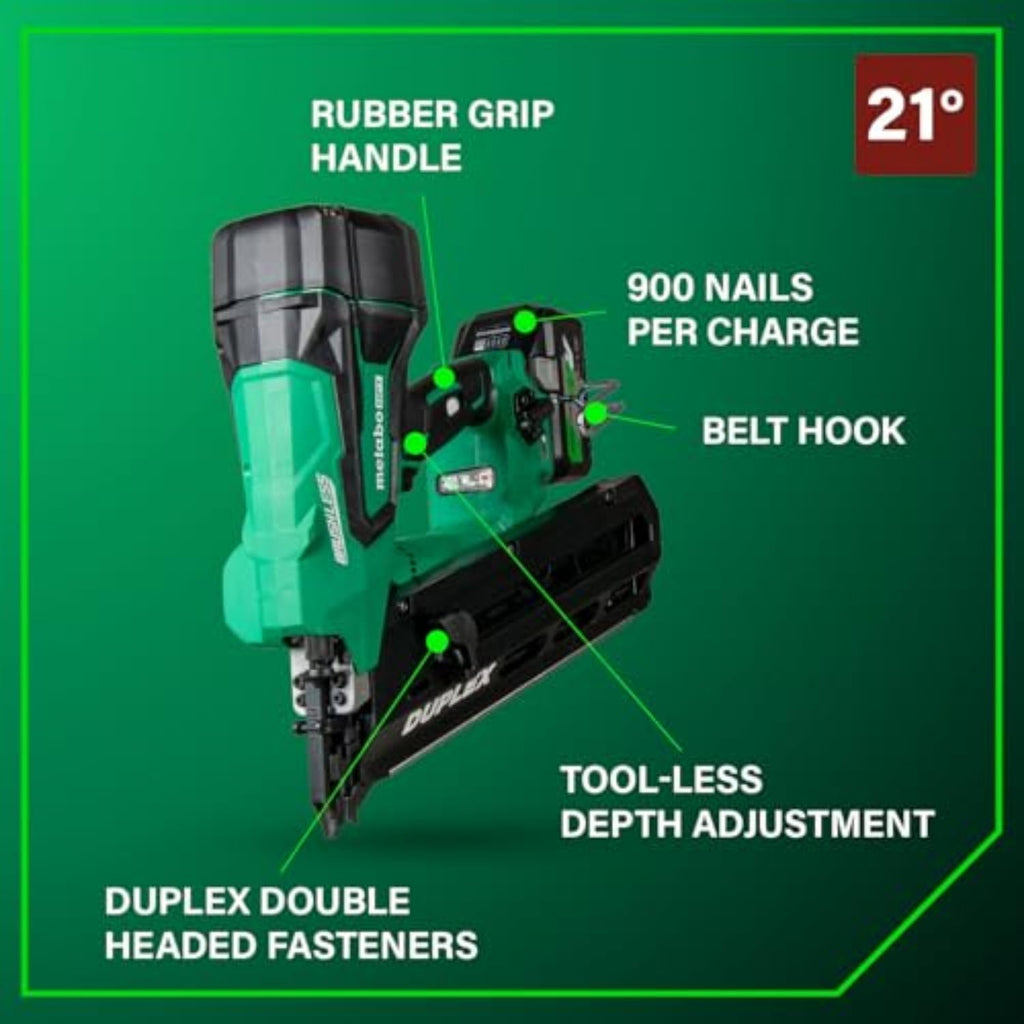 Metabo HPT 36V MultiVolt Cordless Forming Nailer, 3-1/2 Inch Duplex/Double Headed Fasteners, Power Tool with 2.5Ah Lithium Ion Battery, Drives 900 Nails per Charge, NR3675DD