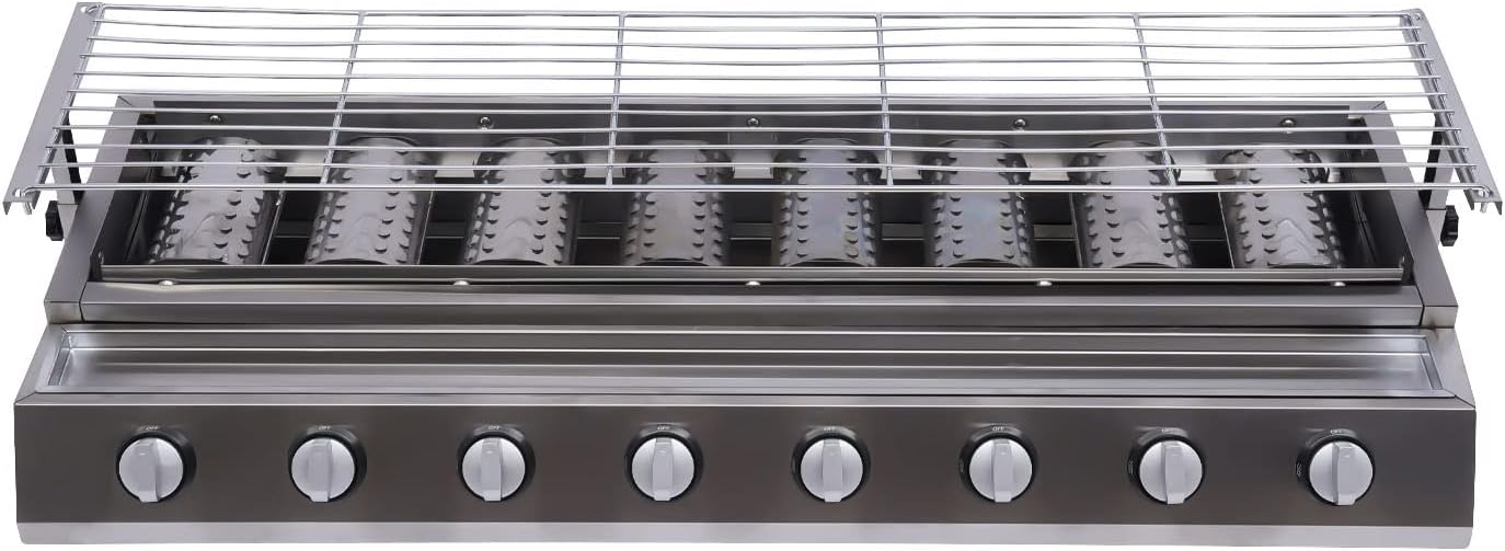 8 Burners Portable Gas Grill Tabletop Smokeless Stainless Steel Gas BBQ Grill with Griddle Independent Ignition,Propane LPG Grill for Outdoor Camping Picnic Kitchen (40.94 * 15.7 * 7.9in- 8 Burners)