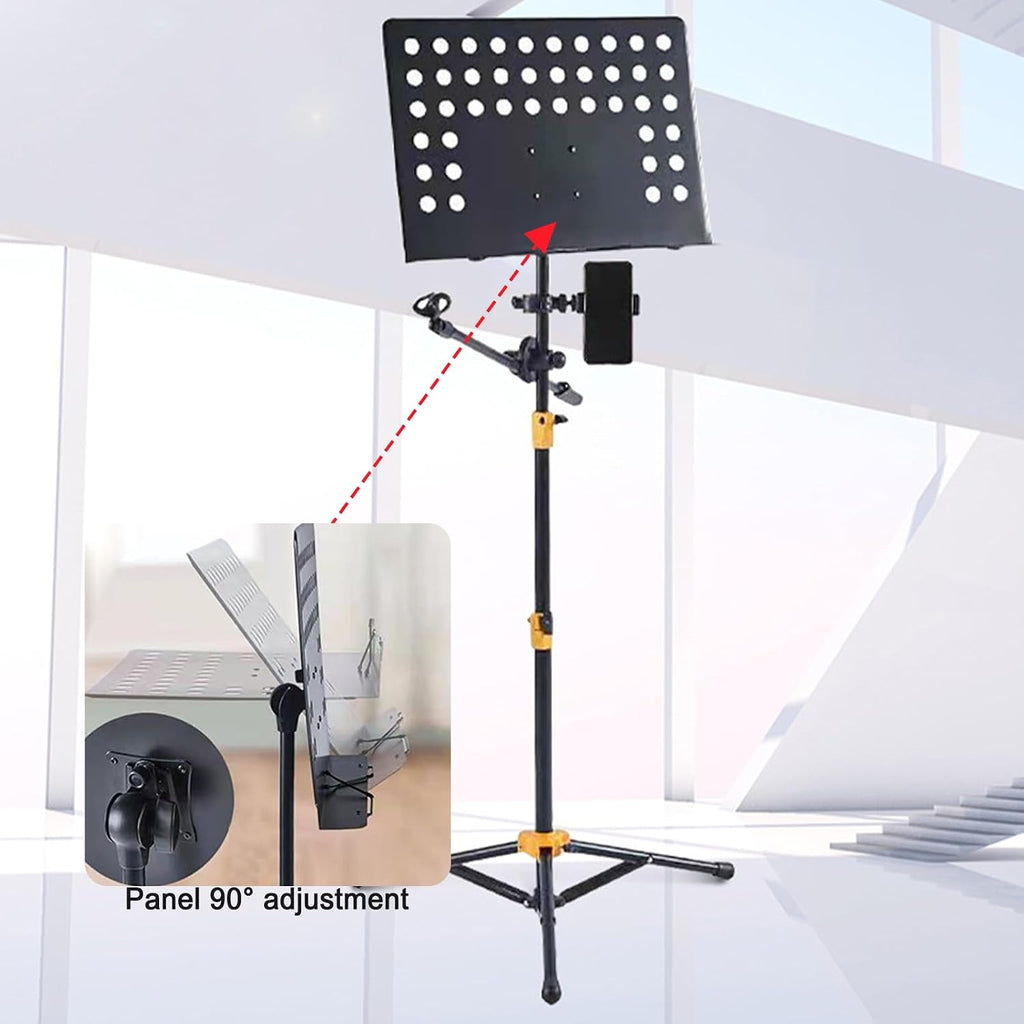 Sheet Music Stand Portable, Music Book Holder with Phone Holder & Microphone Stand, Foldable Tripod, Foldable and Height-Adjustable, for Instrumental Performance & Band & Travel