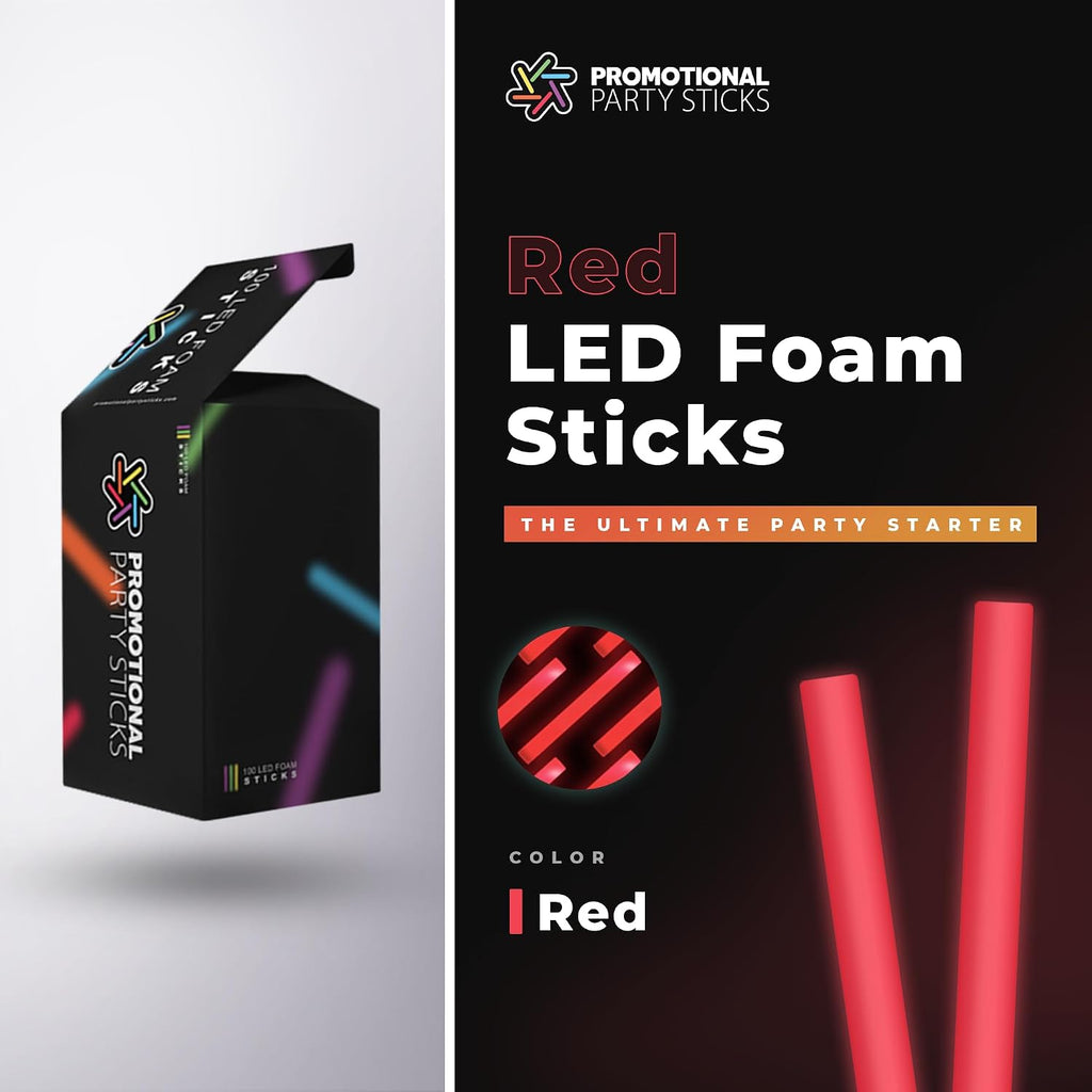 Foam Glow Sticks Bulk - 100 Red Foam Light Up Sticks and LED Foam Sticks - 100 Reusable 16' Light Up Foam Sticks Red Foam Glow Sticks for Wedding, Parties, and Dancing