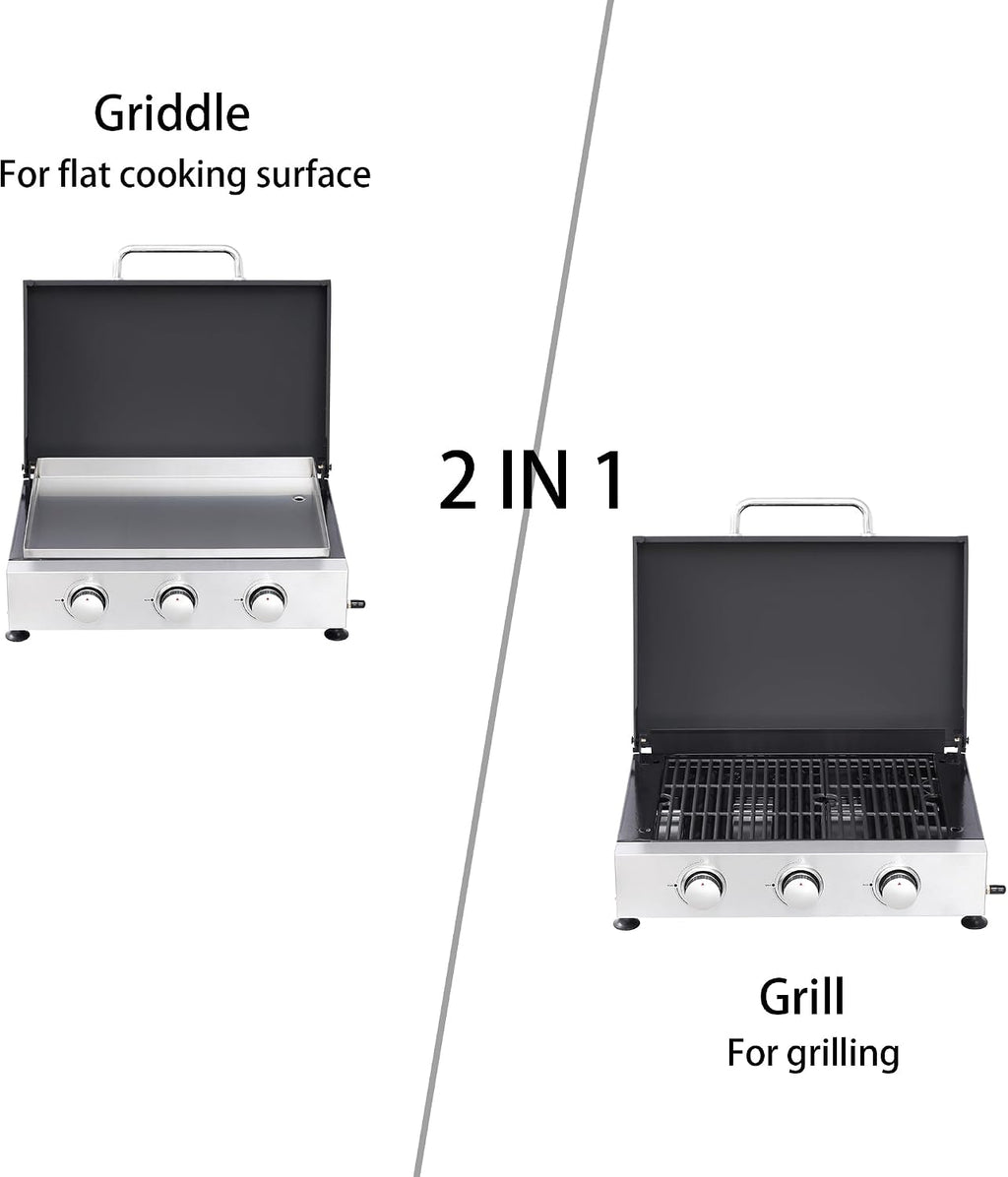 3-Burner Flat Top Grill, 28650 BTU Portable Propane Gas Griddle with Cast Iron Grill Net and Stainless Steel Baking Tray, Tabletop Gas Griddle for Camping, Tailgating, Outdoor BBQ