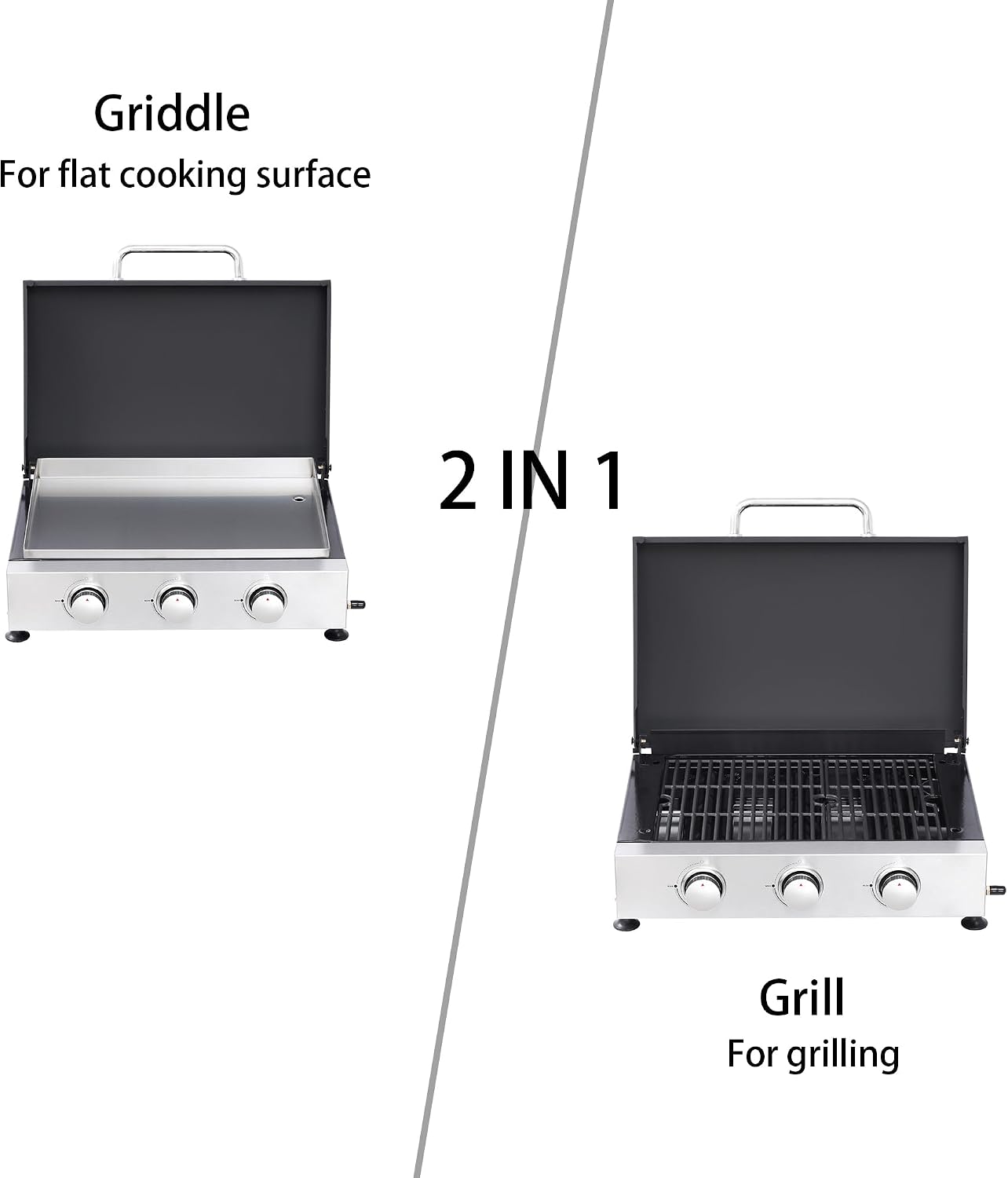3-Burner Flat Top Grill, 28650 BTU Portable Propane Gas Griddle with Cast Iron Grill Net and Stainless Steel Baking Tray, Tabletop Gas Griddle for Camping, Tailgating, Outdoor BBQ