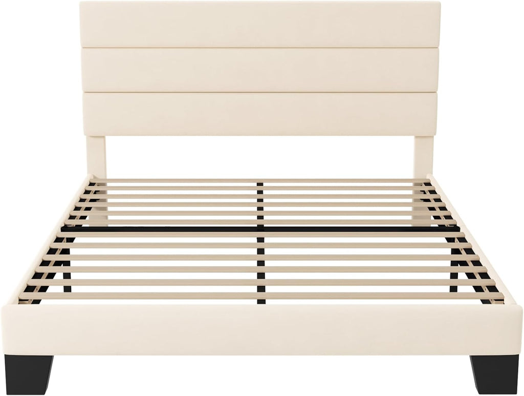Allewie Queen Size Platform Bed Frame with Velvet Upholstered Headboard and Wooden Slats Support, Fully Upholstered Mattress Foundation/No Box Spring Needed/Easy Assembly, Cream