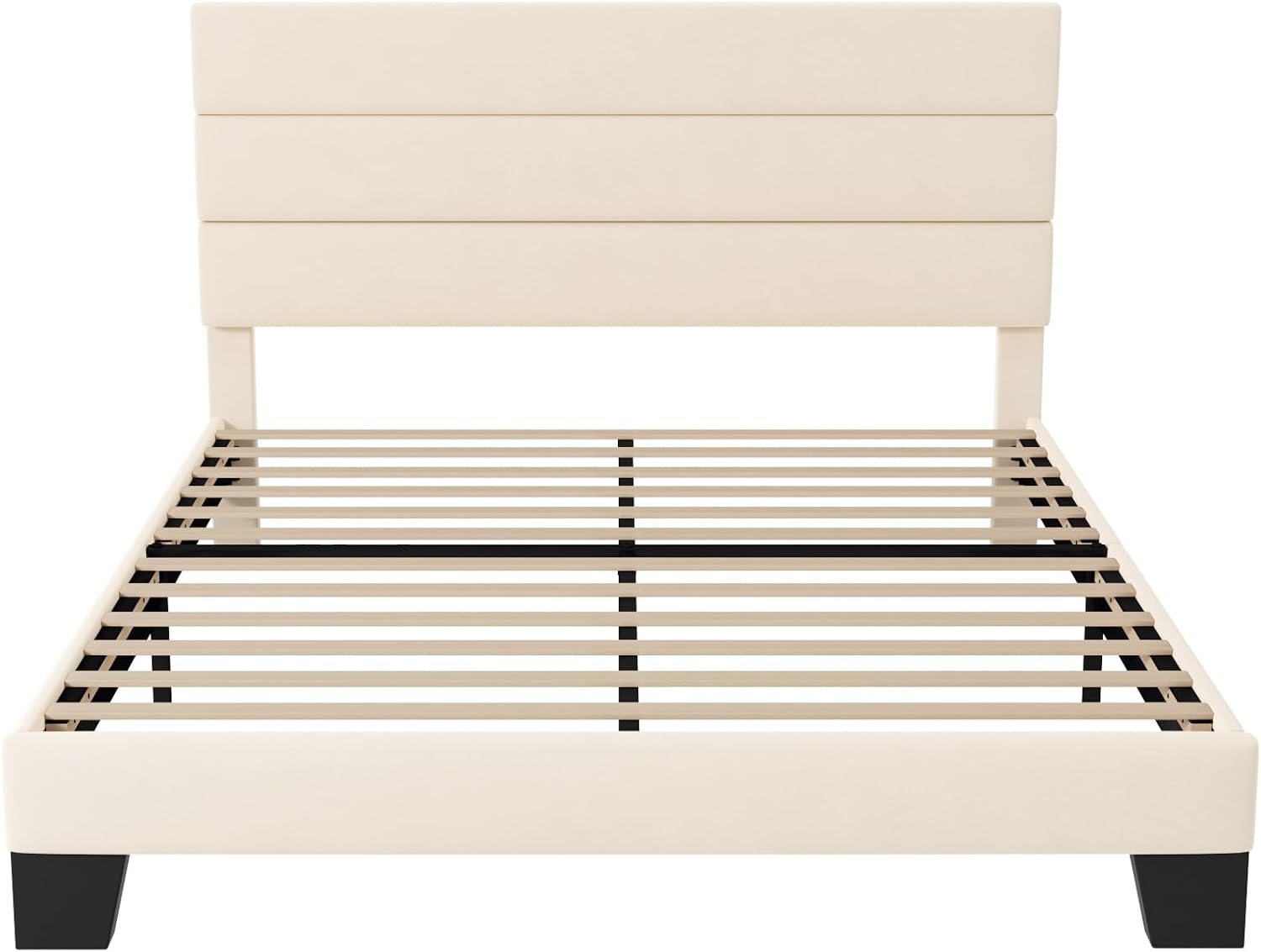 Allewie Queen Size Platform Bed Frame with Velvet Upholstered Headboard and Wooden Slats Support, Fully Upholstered Mattress Foundation/No Box Spring Needed/Easy Assembly, Cream