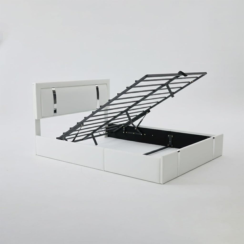 JIJIWANG Full Size Lift Up Storage Platform Bed with USB Charging Ports and Adjustable LED Lights Headboard, Faux Leather Upholstered Platform Bed, Metal Slats Support, White