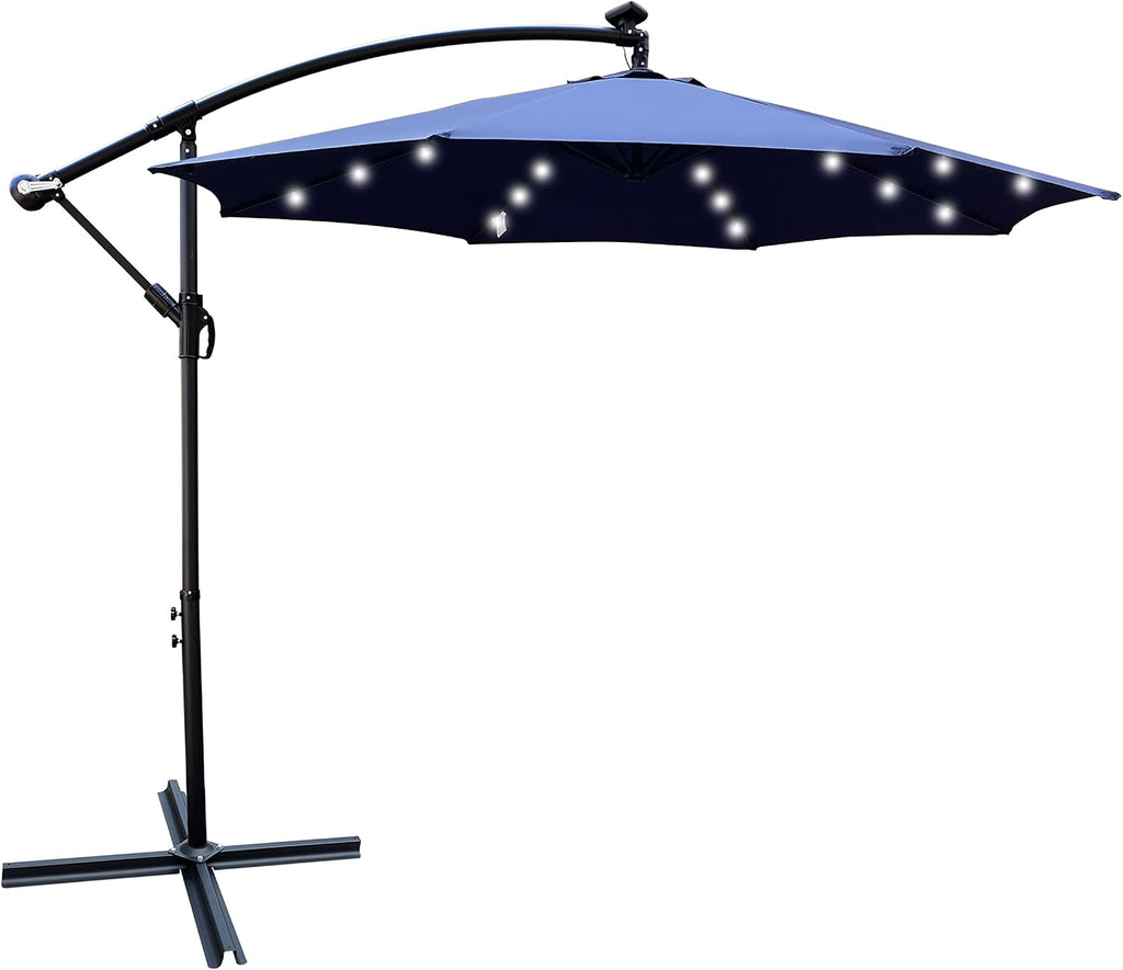 10ft 8 Ribs Outdoor Patio Umbrella with 24 LED Lights, Solar Powered Lighted Sun Shade Market Umbrella with Crank and Cross Base, for Garden Deck Backyard Pool Deck Swimming Pool