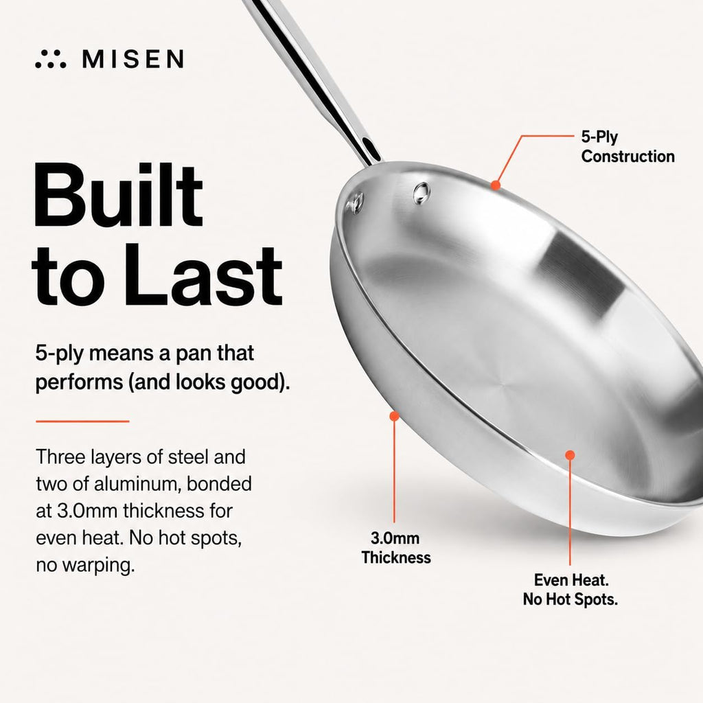 Misen 5-Ply Stainless Steel 10' Frying Pan - Professional Cookware for Induction, Gas and Electric - Dishwasher Safe, Oven Safe to 800°F - Durable, Versatile, Even Heating