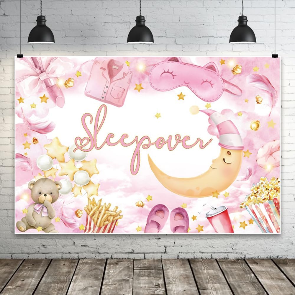 20x10ft Happy Birthday Backdrop Sleepover Party Background Movie Night Slumber Party Birthday Party Decorations Colorful Pajama Girls Pillow Fight Theme Spa Makeup Night Pink Banner Supplies