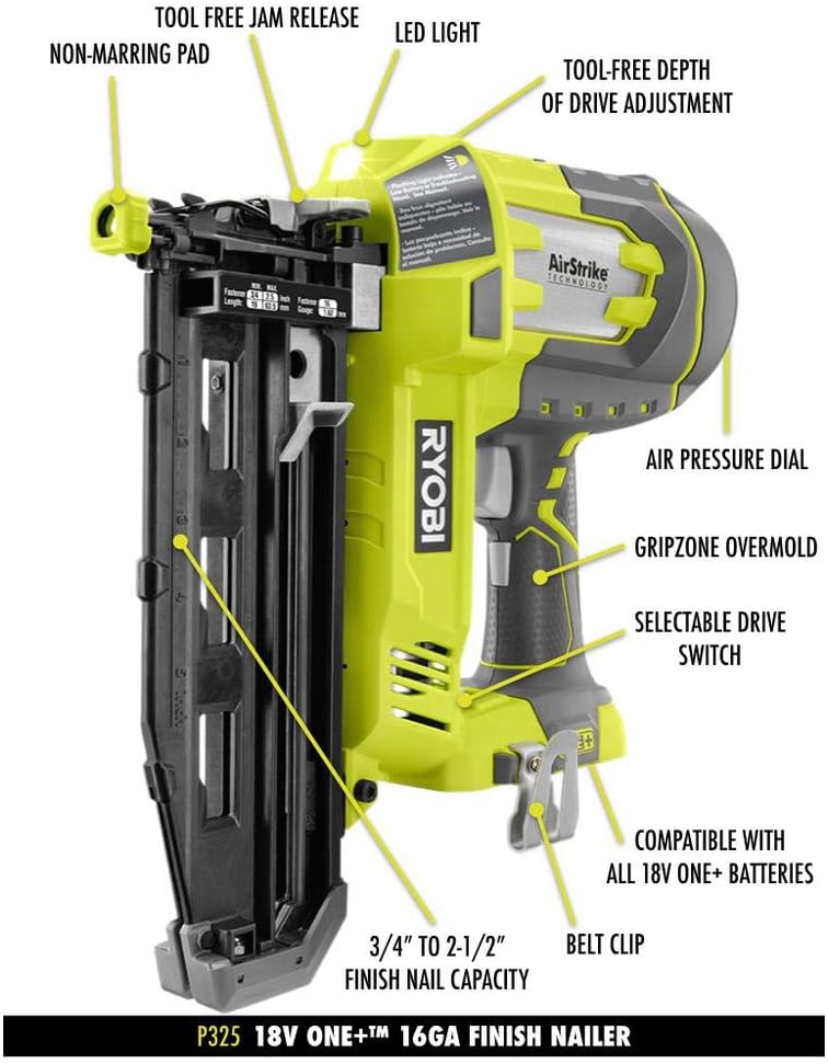 Ryobi P325 One+ 18V Lithium Ion Battery Powered Cordless 16 Gauge Finish Nailer (Battery Not Included, Power Tool Only)