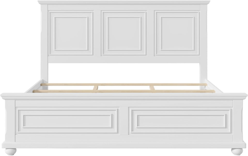 Merax King Size Bed Frames Traditional Town and Country Style Pinewood Vintage Bed,No Box Spring Needed,White