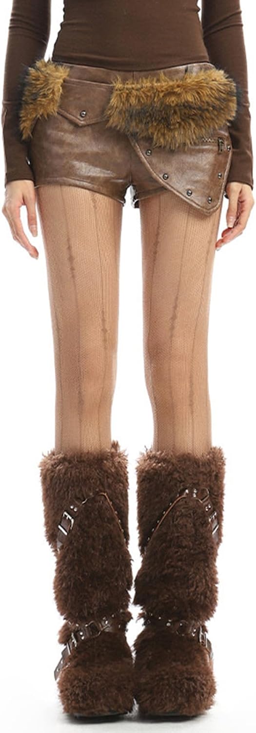 Faux Leather Mini Shorts for Women with Faux Fur Trim Beaded Belt Y2K Party Club Low Waisted Micro Shorts