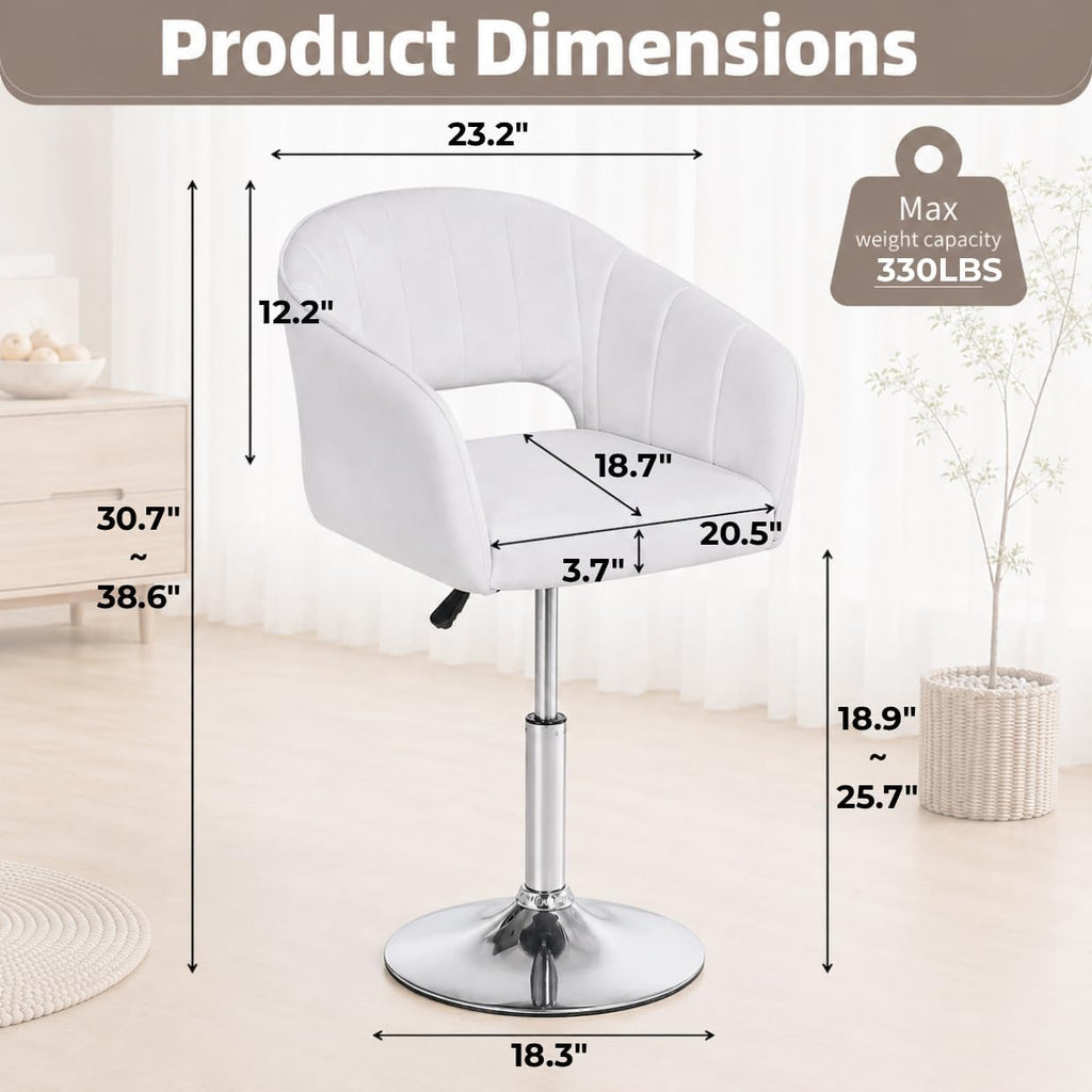 VECELO Velvet Accent Chair Set of 2, Adjustable Luxury Vanity & Dining Chair with Gold Barstool Base, 360°Swivel Upholstered Armchair for Living Room, Bedroom, Home Office, Pearl White