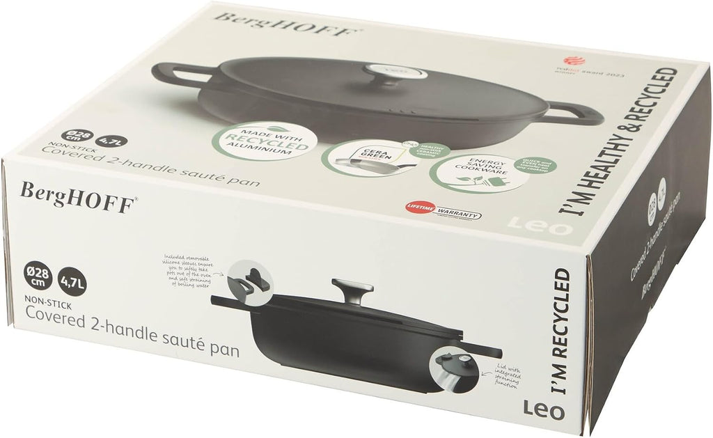 Berghoff Phantom Nonstick Ceramic 11in Sauté Pan 5qt. With Strainer Lid Recycled Cast Aluminum CeraGreen Non-toxic Coating Full Disk for Glass Top Stoves Oven-to-table Cookware
