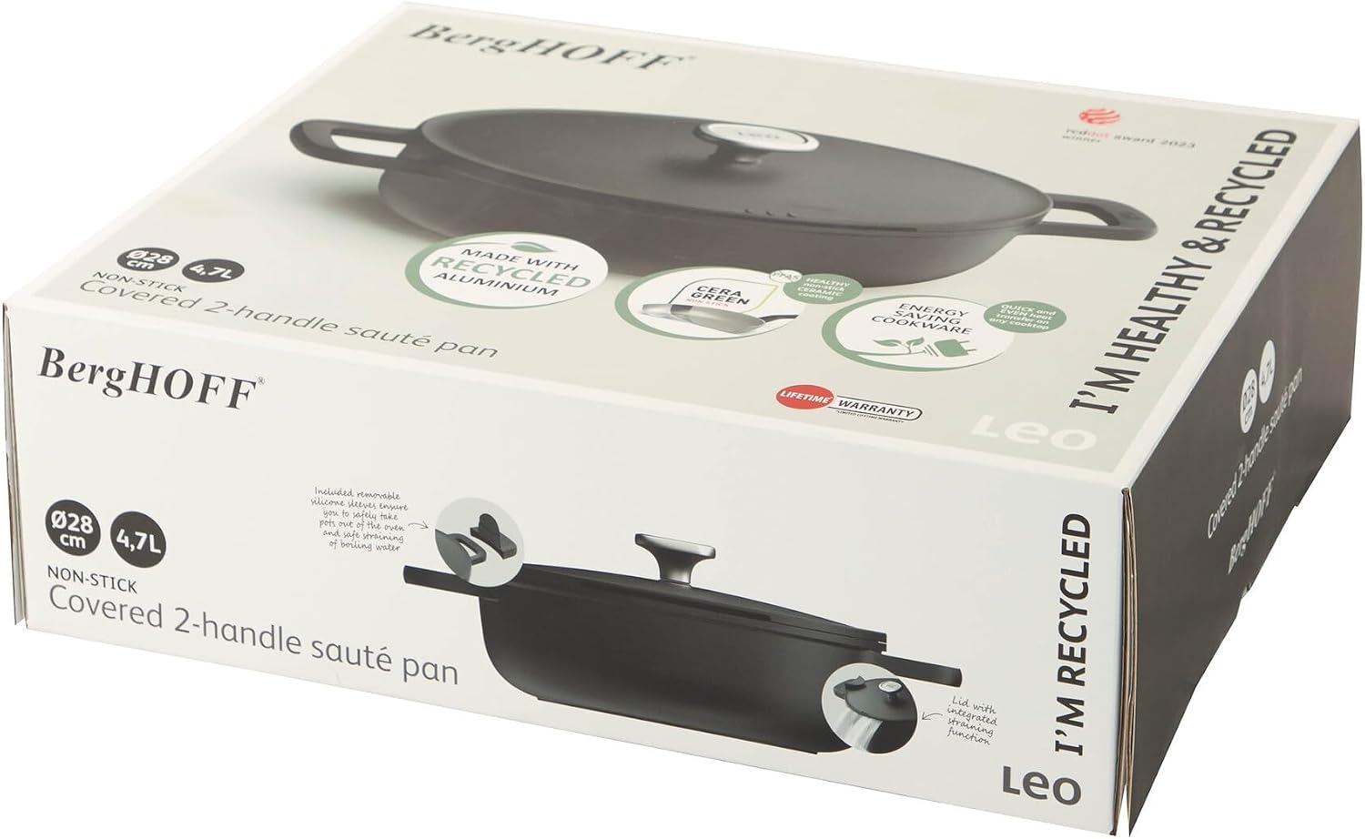 Berghoff Phantom Nonstick Ceramic 11in Sauté Pan 5qt. With Strainer Lid Recycled Cast Aluminum CeraGreen Non-toxic Coating Full Disk for Glass Top Stoves Oven-to-table Cookware