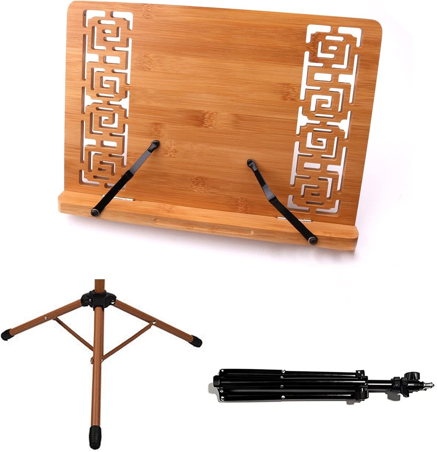 Dual-use Sheet Music Stand & Desktop Book Stand, Guitar Music Stand, Not Easy to Collapse Or Shake, and Beautiful, Music Stand with Phone Holder Microphone Holder,Wood-17cm*45cm*75cm