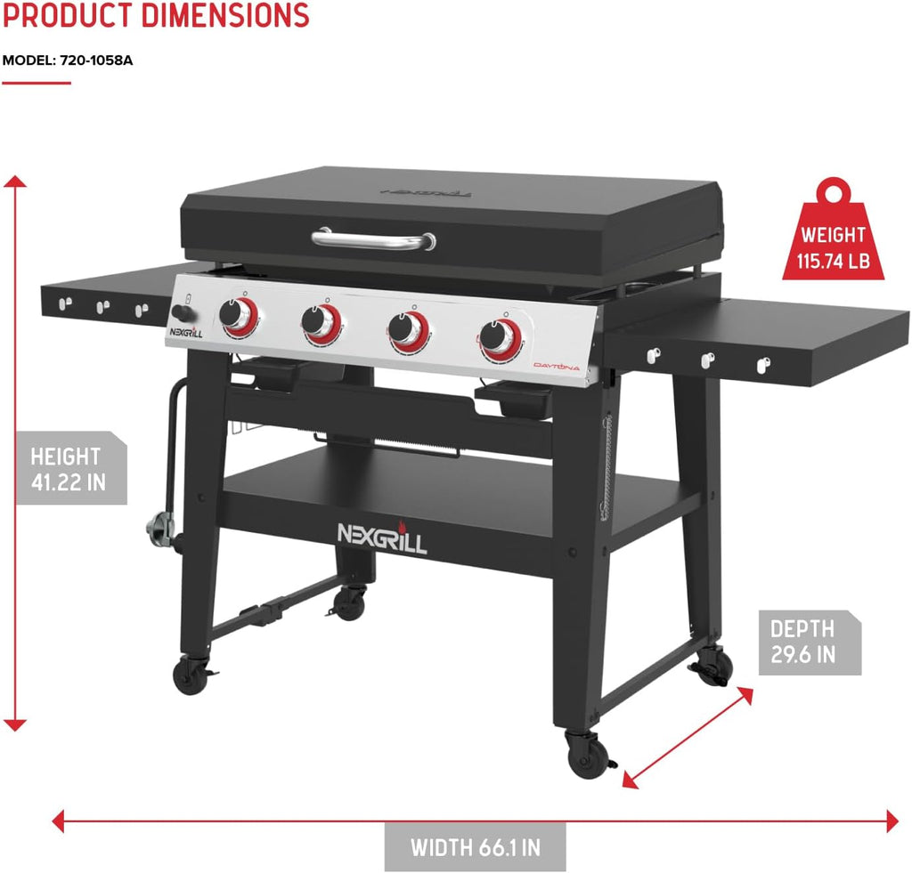 Nexgrill Daytona 4-Burner Propane Gas Griddle with Side Tables, 60000 BTU Flat Top Grill, 756 SQ In. Hot-Rolled Steel Cooking Space, Outdoor Cooking Barbeque, Black/Silver - 720-1058A