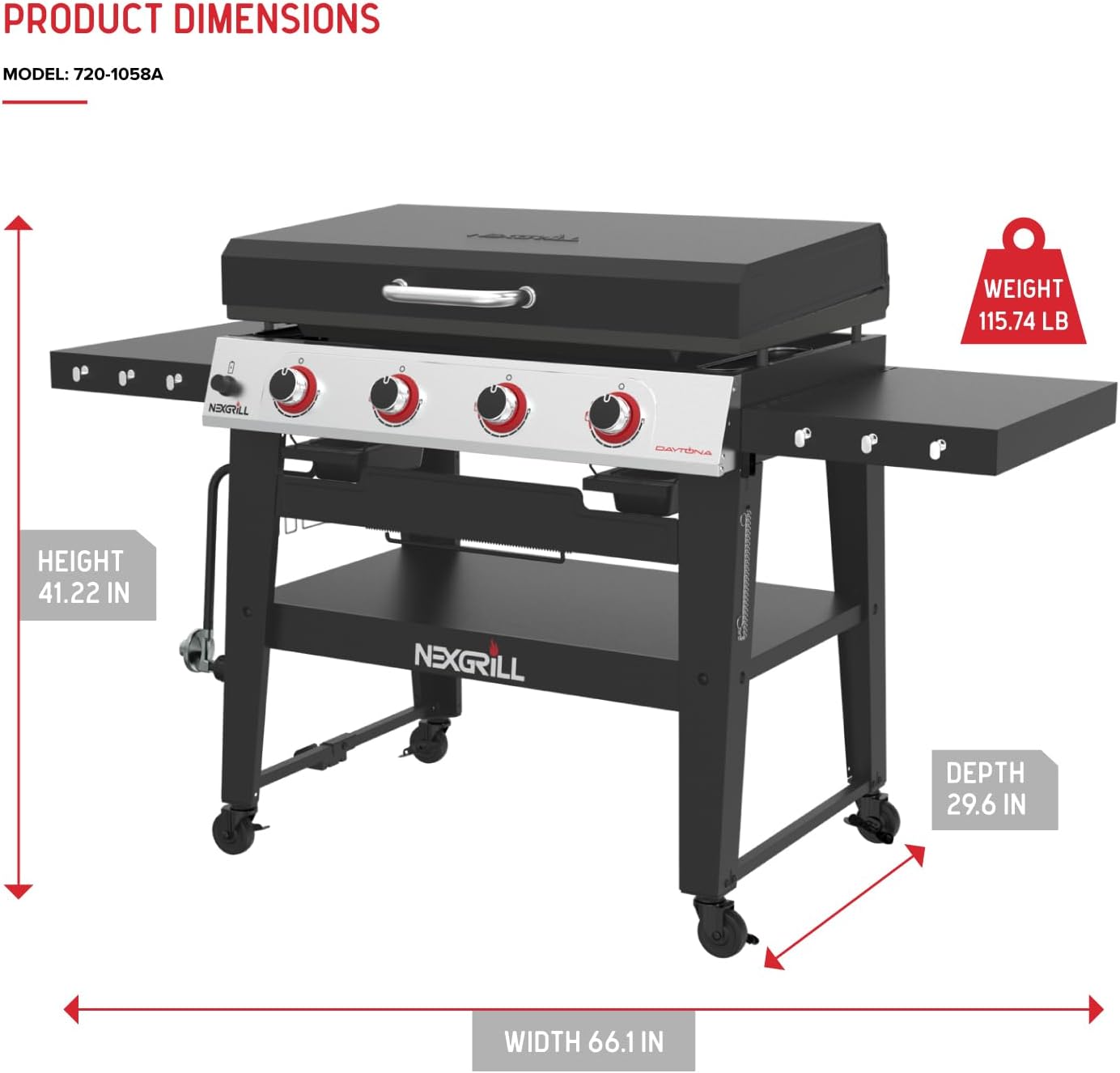 Nexgrill Daytona 4-Burner Propane Gas Griddle with Side Tables, 60000 BTU Flat Top Grill, 756 SQ In. Hot-Rolled Steel Cooking Space, Outdoor Cooking Barbeque, Black/Silver - 720-1058A