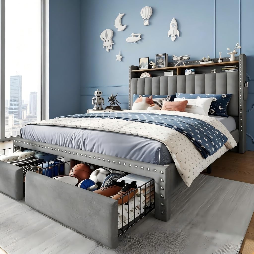 EnHomee Full Size Upholstered Bed Frame with 2 Storage Drawers and 2-Tier Headboard, Vertical Tufted Headboard Design, Extra Storage Space for Bedroom Apartment, Grey