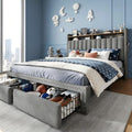 EnHomee Full Size Upholstered Bed Frame with 2 Storage Drawers and 2-Tier Headboard, Vertical Tufted Headboard Design, Extra Storage Space for Bedroom Apartment, Grey