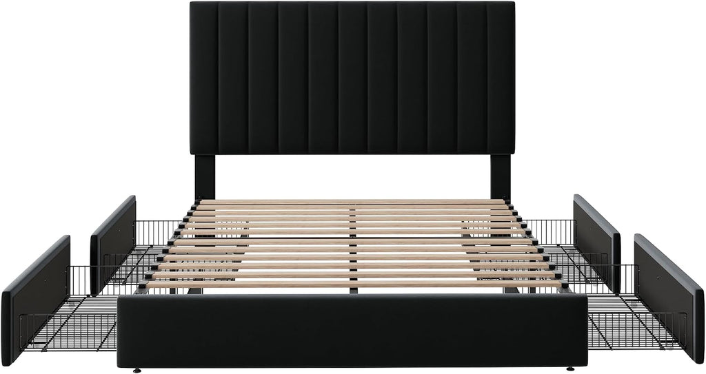 Allewie Queen Size Storage Bed Frame, Vertical Channel Tufted Adjustable Headboard, Velvet Upholstered Platform Bed with 4 Oversized Underbed Drawers, Wooden Slats Support, No Box Spring Needed, Black