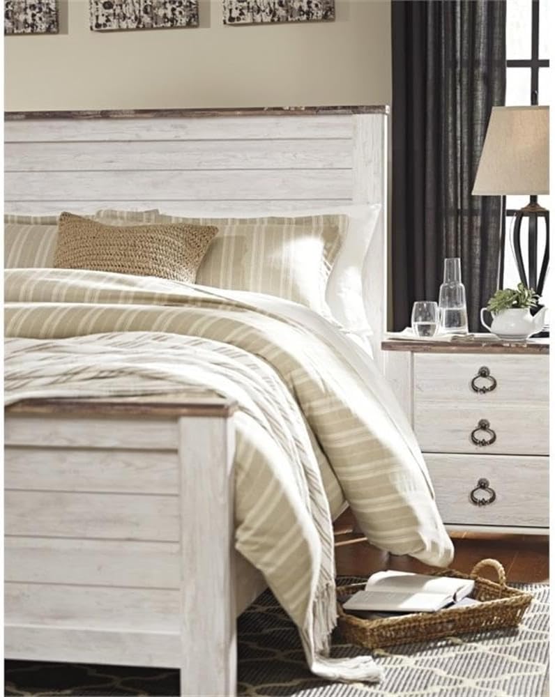 BOWERY HILL Queen Size Panel Bed with Headboard, Footboard in Wood, in White, No Box Spring Needed, Easy Assembly