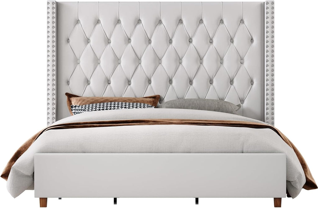 Jocisland King Size Bed Frame 61.4' Extra Tall Wingback Headboard Velvet Upholstered Deep Button Tufted Platform Bed with Solid Wood Legs & Wood Slats, No Box Spring Needed, Cream