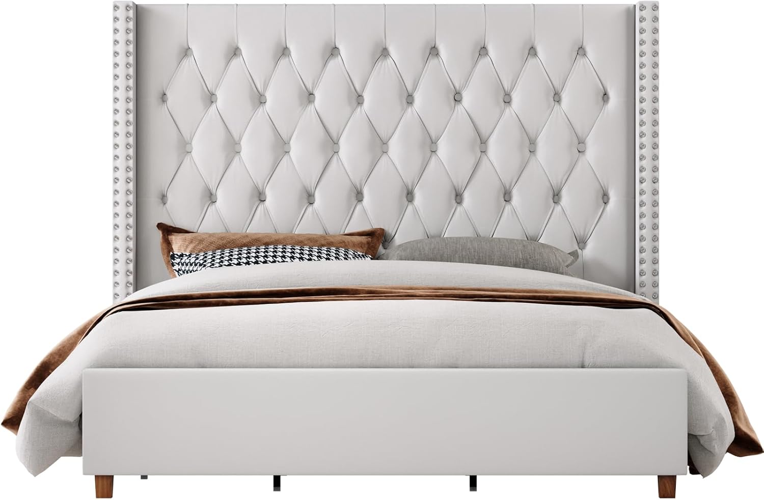 Jocisland King Size Bed Frame 61.4' Extra Tall Wingback Headboard Velvet Upholstered Deep Button Tufted Platform Bed with Solid Wood Legs & Wood Slats, No Box Spring Needed, Cream