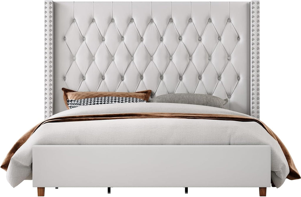 Jocisland California King Bed Frame 61.4' Extra Tall Wingback Headboard Velvet Upholstered Deep Button Tufted Platform Bed with Solid Wood Legs & Wood Slats, No Box Spring Needed, Cream