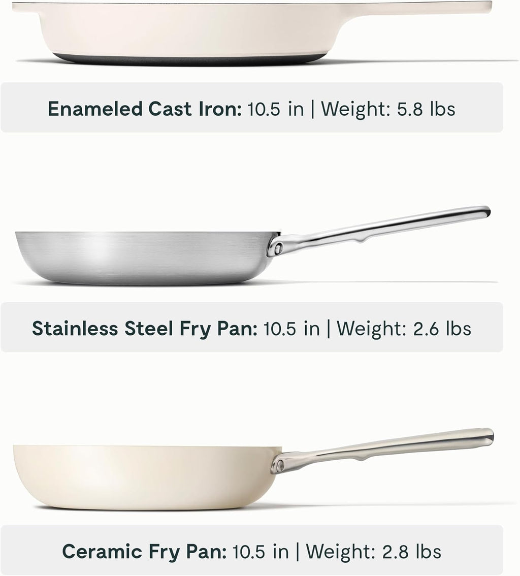 Caraway Fry Pan Sampler Bundle - 10.5' Non-Stick Ceramic Frying Pan, 10.5' Stainless Steel Fry Pan, 10.5' Enameled Cast Iron Skillet - Non Toxic, Oven Safe - Cream