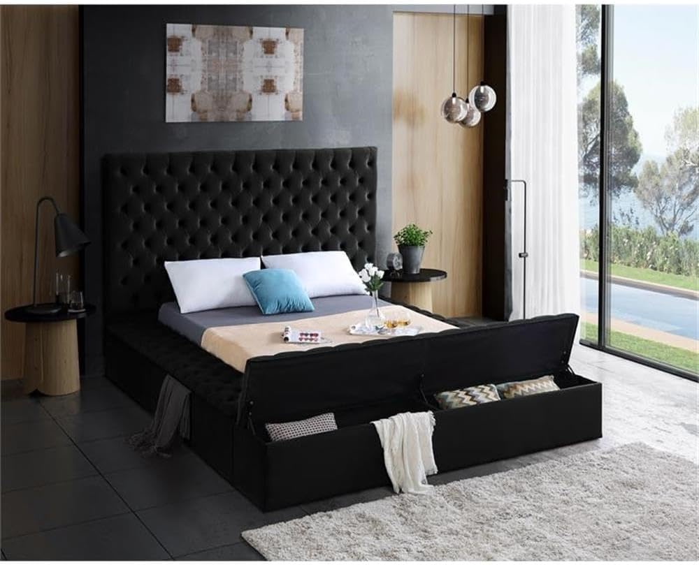 Meridian Furniture Bliss Collection Modern | Contemporary Velvet Upholstered Bed with Deep Button Tufting and Storage Compartments in Rails and Footboard, Black, Full