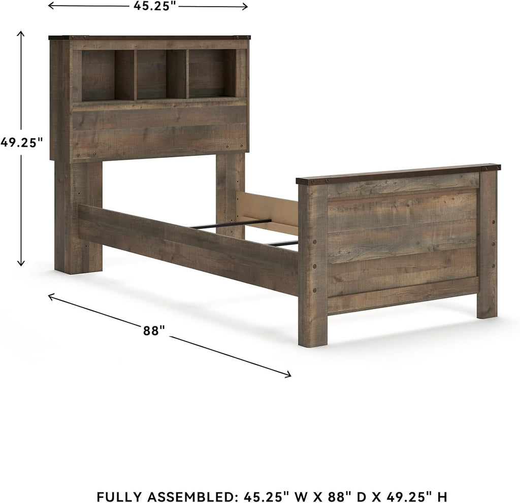 Signature Design by Ashley Trinell Casual Twin Bookcase Panel Bed with Metal Slats and Nailheads, Foundation or Box Spring Needed, Dark Brown