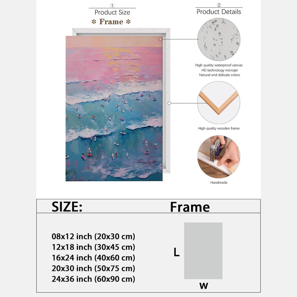 Vintage Surf Painting Tiny People Surfing Poster Abstract Ocean Wave Wall Art Pink and Blue Coastal Canvas Print Trendy Preppy Aesthetic Room Cubicle Beach House Home Decor 24x36inch frame