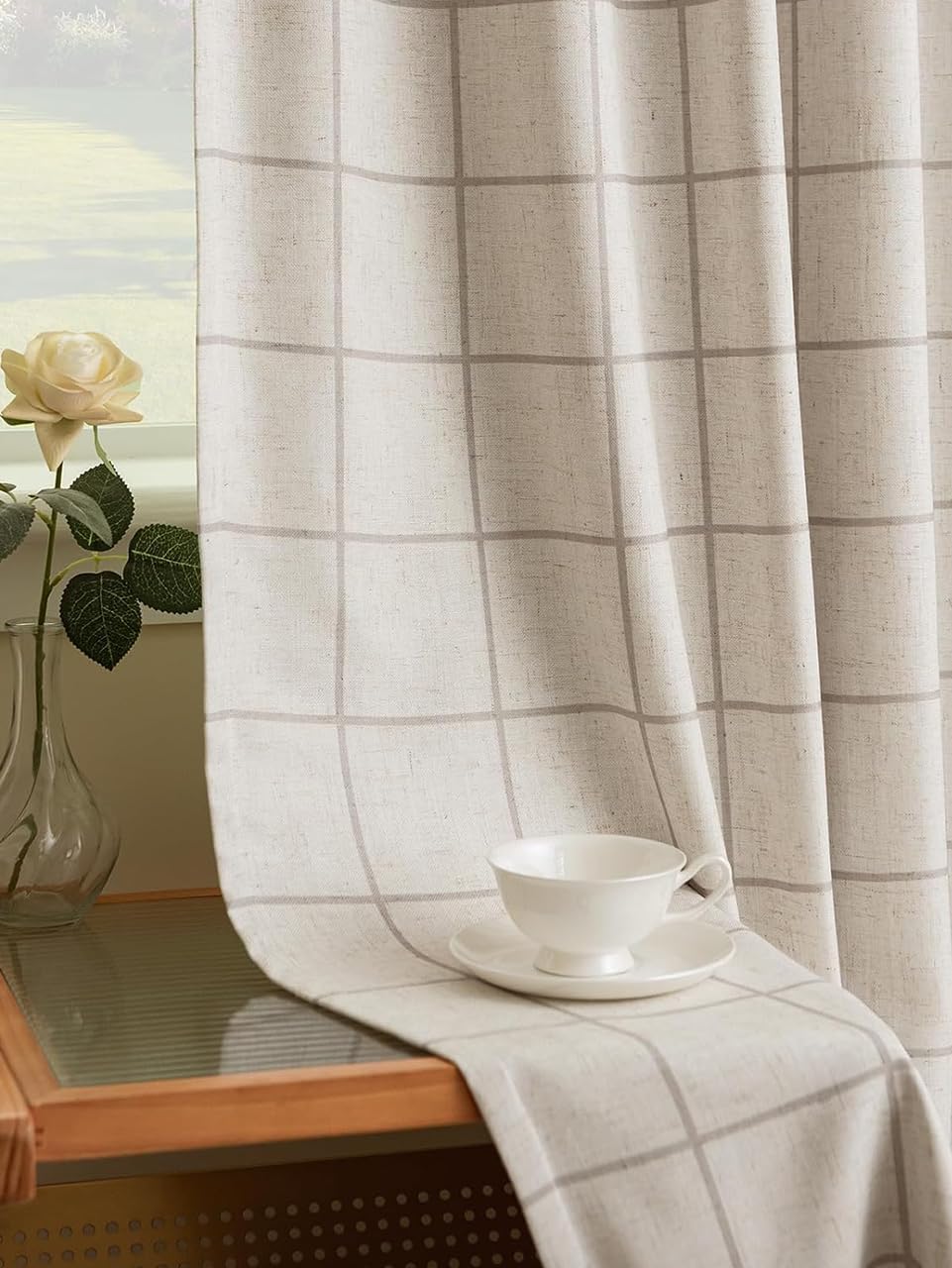 THREE GIRLS Pinch Pleated Plaid Curtains Blackout Linen Gingham Curtains for Living Room,Bedroom Checkered 100 Inches Long Double Layer 2 Panels Set Luxury and Modern Printed Design Darkening