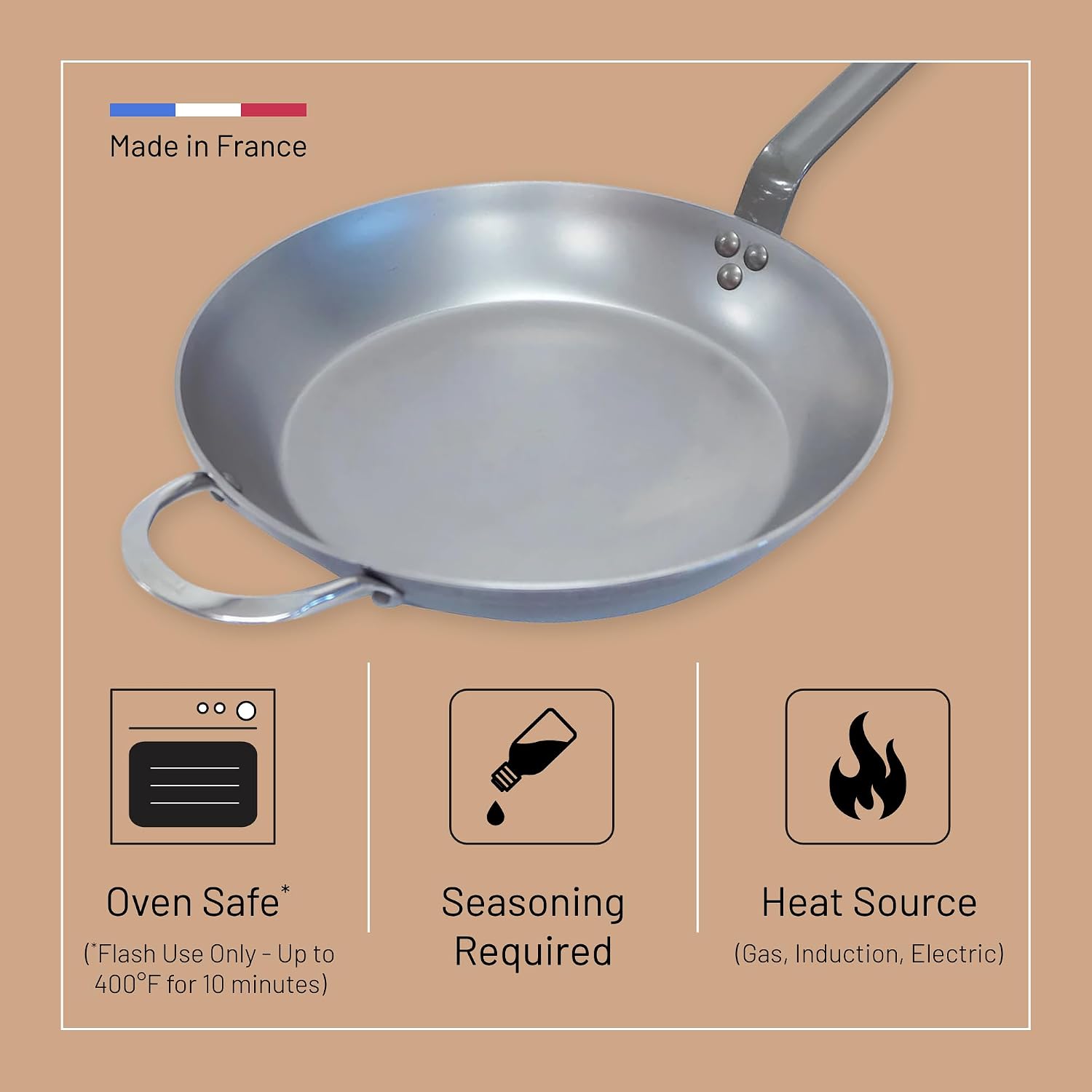 de Buyer MINERAL B Carbon Steel Fry Pan - 14' Diameter, 10.25' Cooking Surface - Ideal for Searing, Sauteing & Reheating - Naturally Non-Stick Finish - Made in France