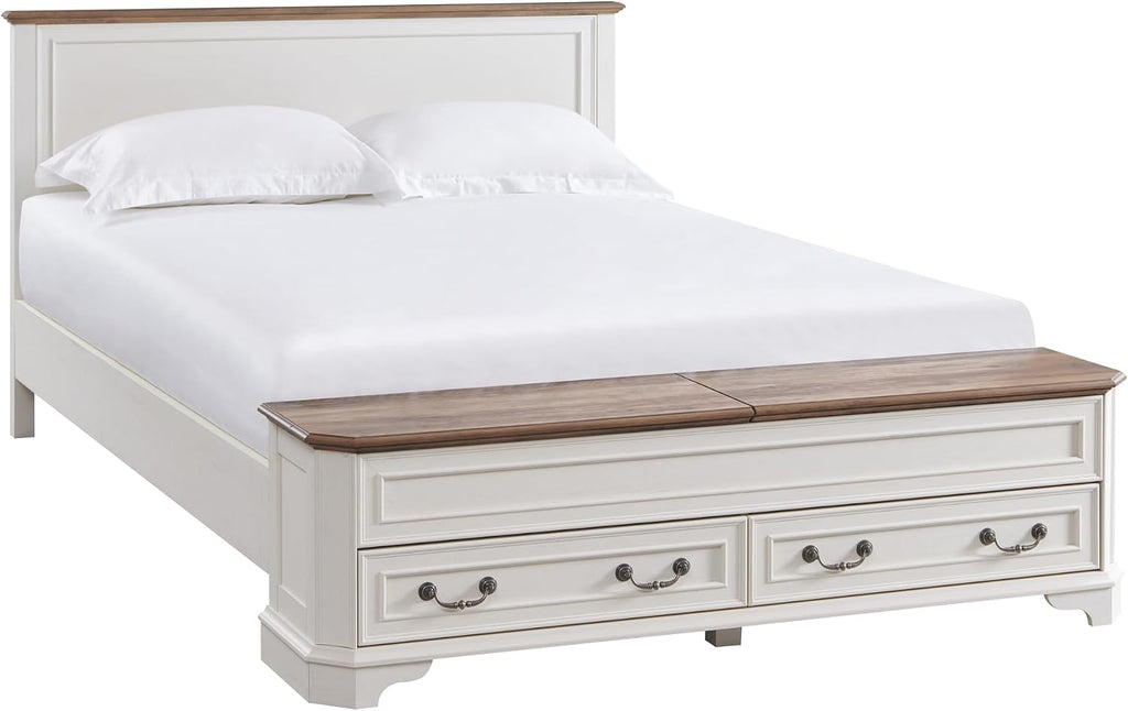 T4TREAM Farmhouse Queen Bed with Headboard and Storage Bench, Rustic Wood Platform Bed with 64' Storage Chest w/ 4 Large Drawer (Antique White)