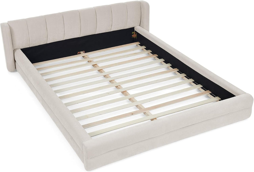 DEINPPA Queen Size Bed Frame with Cloud Soft Headboard, Chenille Upholstered Grounded Wood Base Bed Frame, No Box Spring Needed-Beige