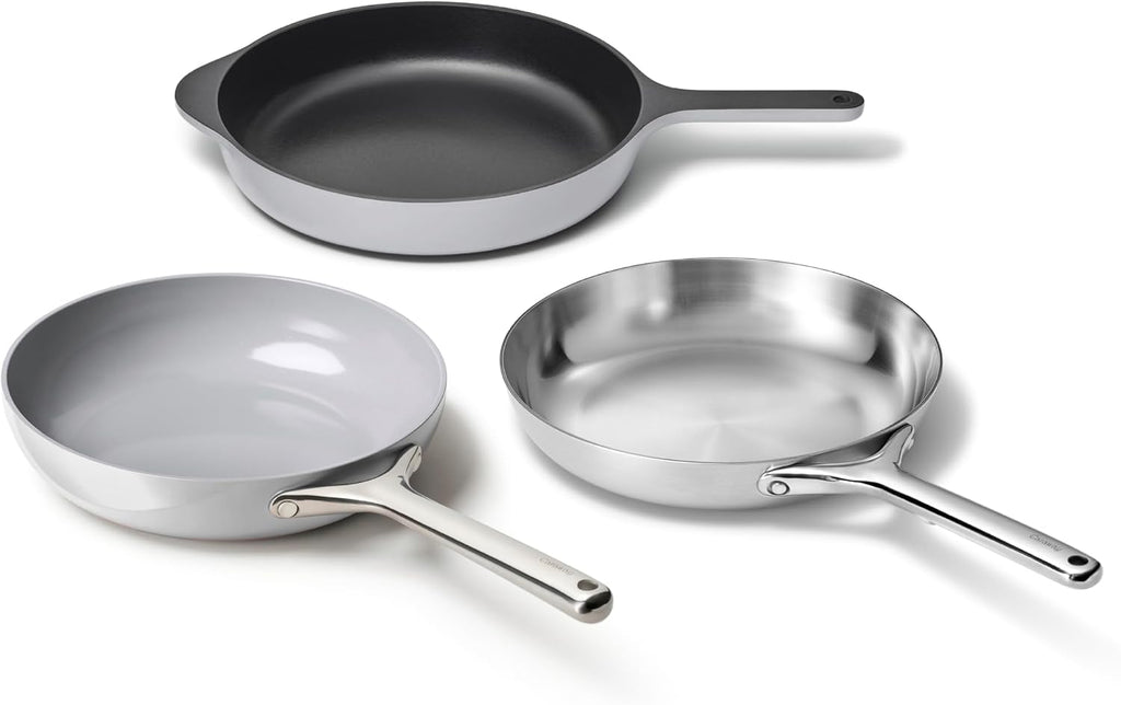 Caraway Fry Pan Sampler Bundle - 10.5' Non-Stick Ceramic Frying Pan, 10.5' Stainless Steel Fry Pan, 10.5' Enameled Cast Iron Skillet - Non Toxic, Oven Safe - Gray