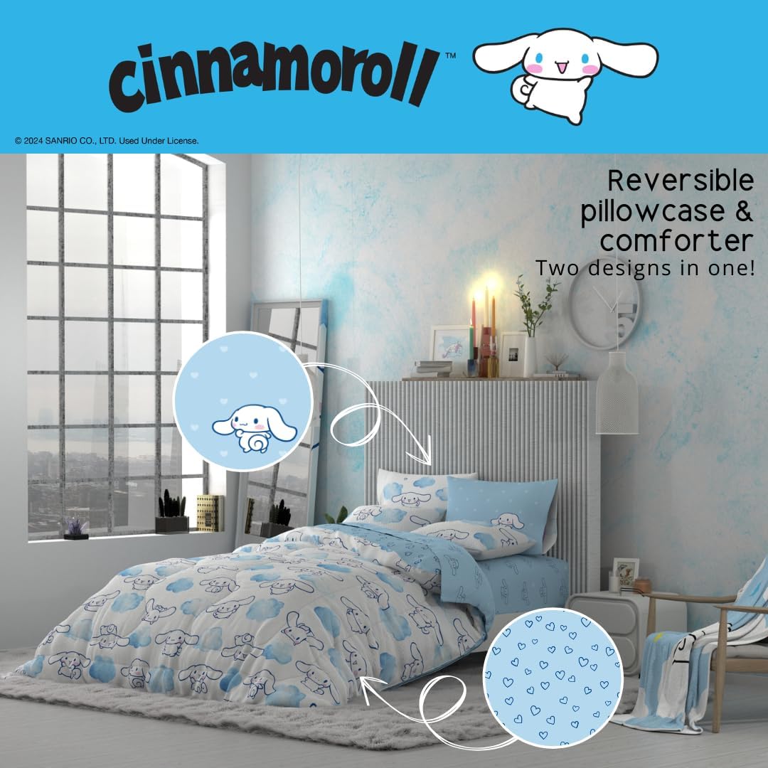 Cinnamoroll Bedding 7 Piece Super Soft Cozy Reversible Comforter and Sheet Set with Sham, Queen, (100% Official Licensed Product) by Franco