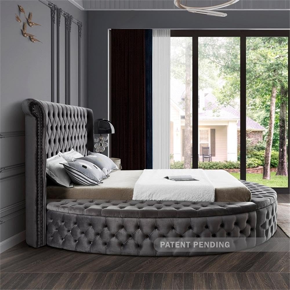 Meridian Furniture Luxus Collection Modern Contemporary Round Shaped Velvet Upholstered Bed with Deep Button Tufting and Footboard Storage, King, Grey