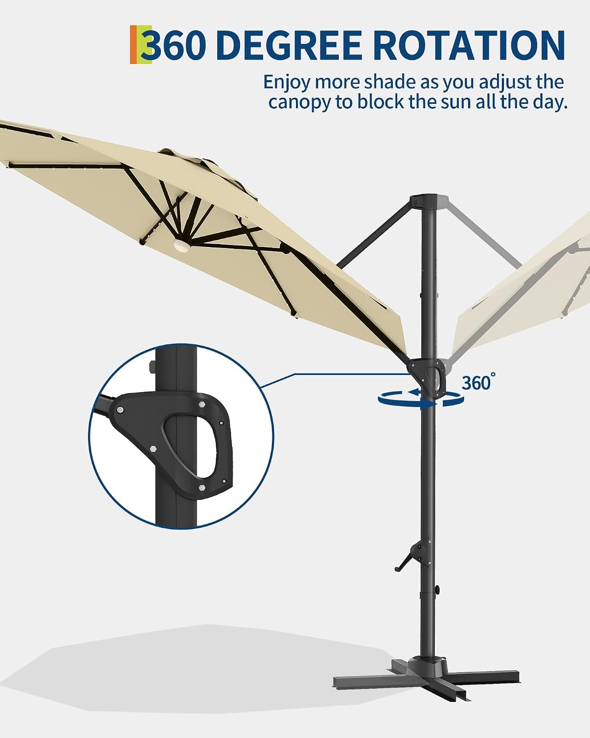 Takywep 10ft Cantilever Patio Umbrella, Outdoor Umbrella 360-degree Rotation, Solar-powered LED lights, Easy-Tilt Mechanism, for Decks, Poolside and Backyard Relaxation