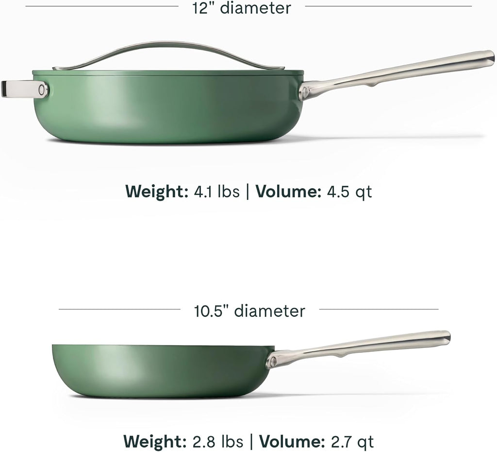 Caraway Fry Pan and Sauté Pan Duo - 10.5' Ceramic Frying Pan and 11.8' Deep Sauté Pan with Lid - Non Stick, Non Toxic, Oven Safe - Sage