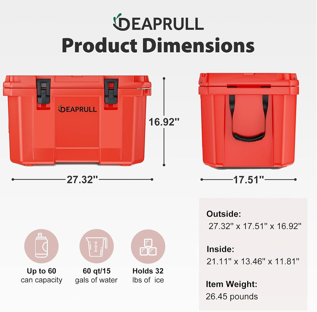 Hard Cooler, Insulated Ice Chest Box Holds Ice for More Days, Portable Cooler with Handle, Cup Holders, Double Latches for Camping Drink, Beach, Picnic, Fishing, Boat, Barbecue